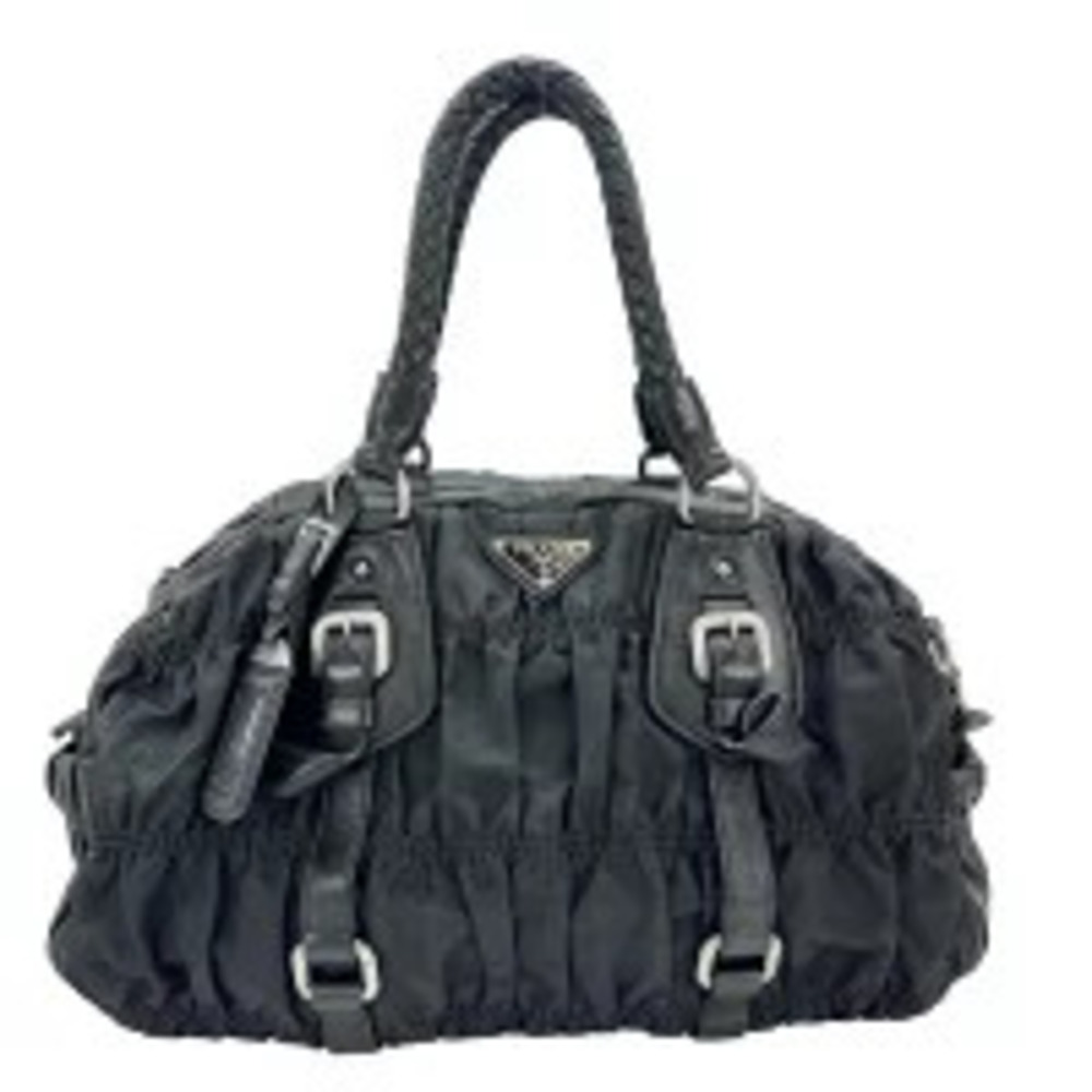 Prada Handbag Triangle Plate Logo Braided Handle Gathered Leather Black